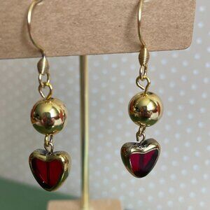 Artisan Red Heart Dangle Pierced Gold Tone Earrings NWT